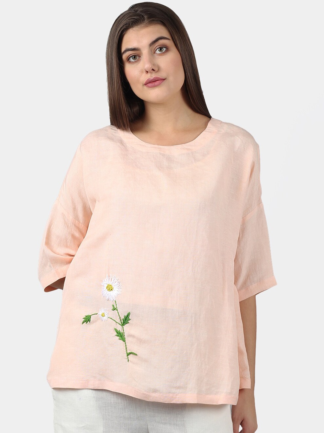DART STUDIO Pink Solid Round Neck Boxy Top