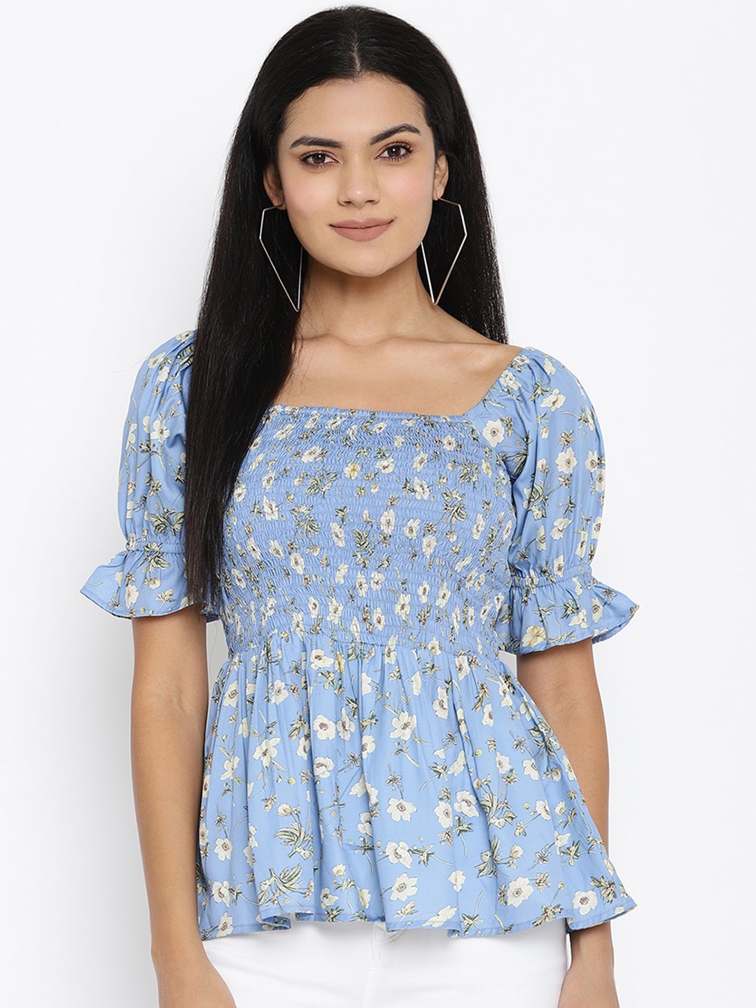 

THREAD MUSTER Blue & White Floral Crepe Empire Top