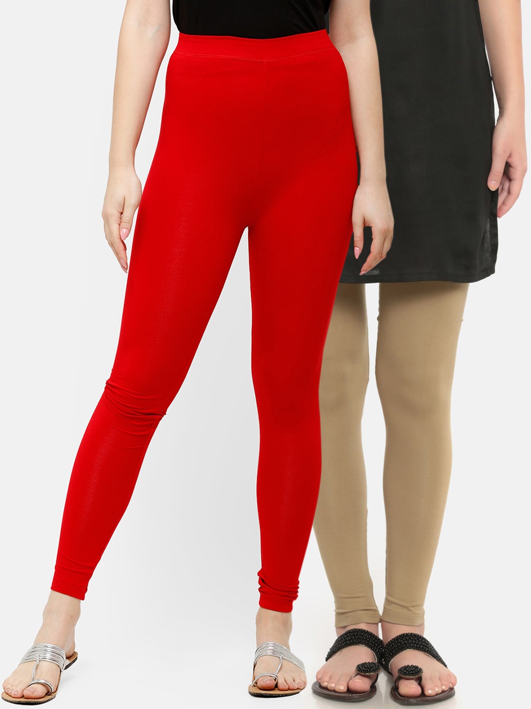 

De Moza Women Pack Of 2 Beige & Red Solid Ankle-Length Leggings