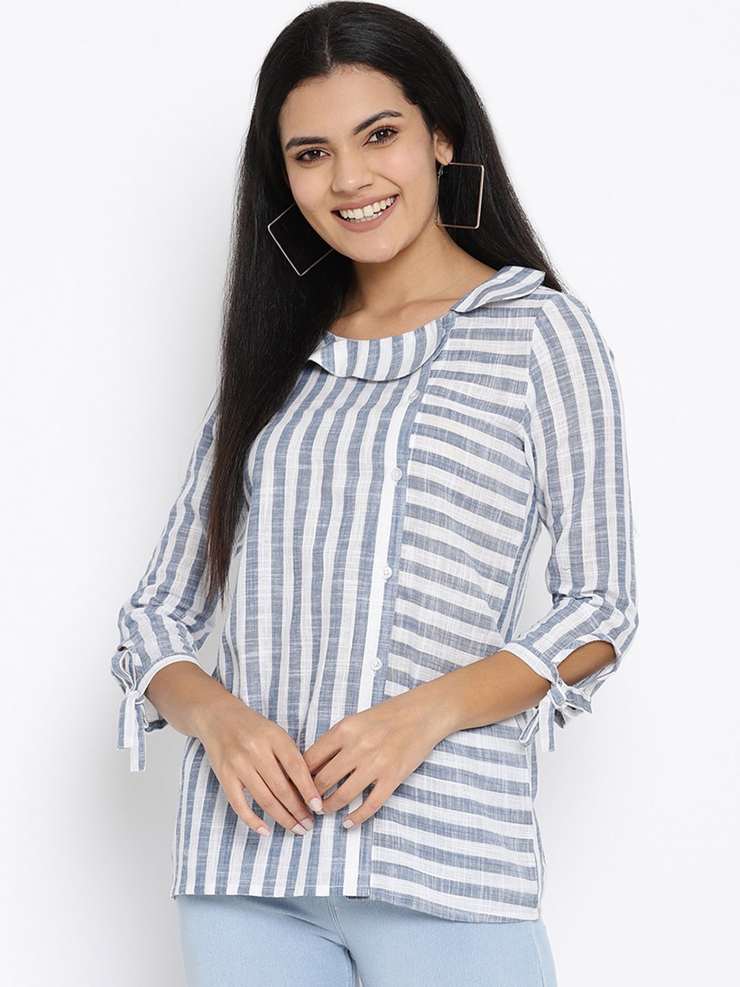 

THREAD MUSTER White & Blue Striped Peter Pan Collar Pure Cotton Regular Top