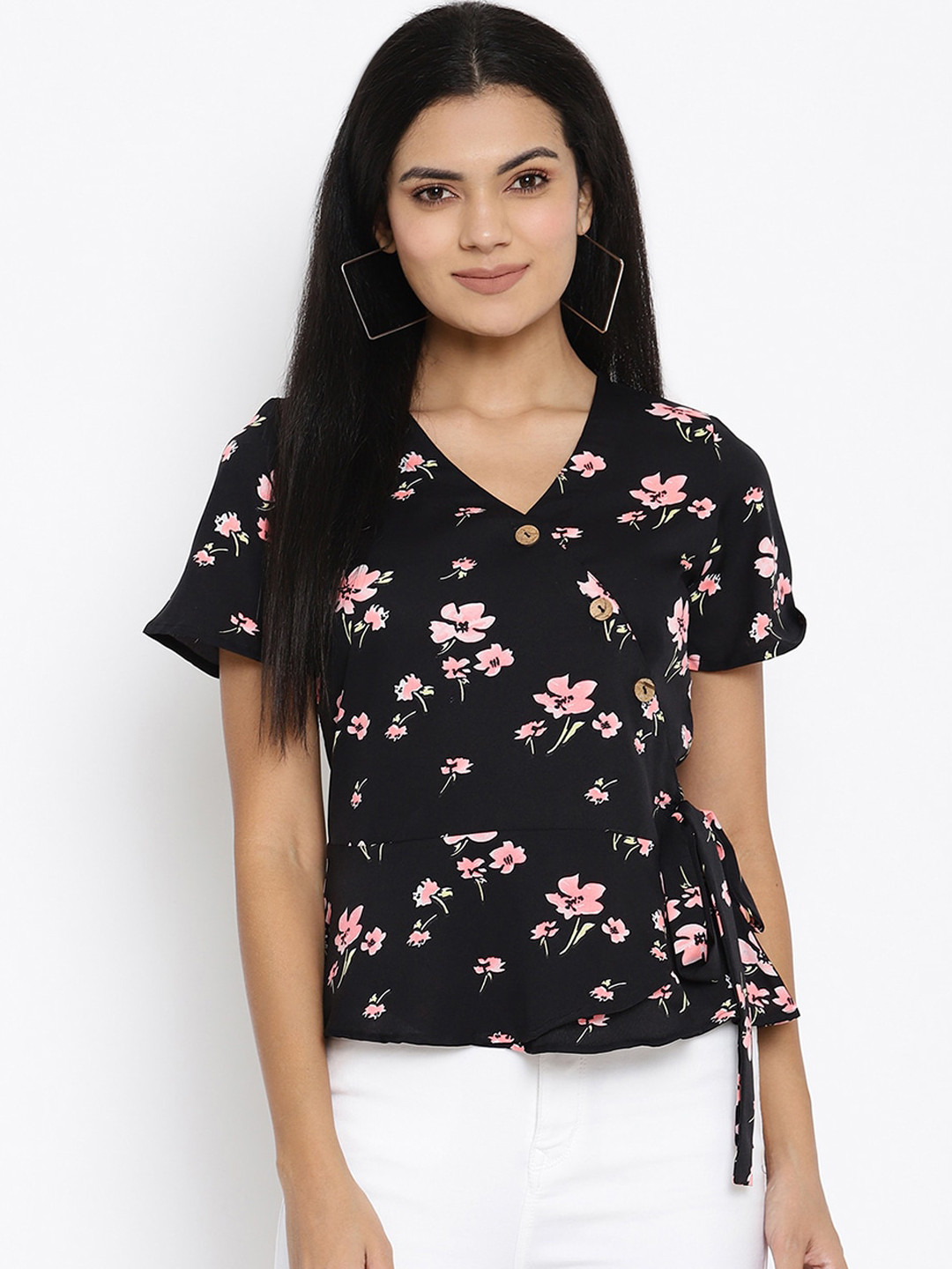 

THREAD MUSTER Black Floral Printed Crepe Wrap Top