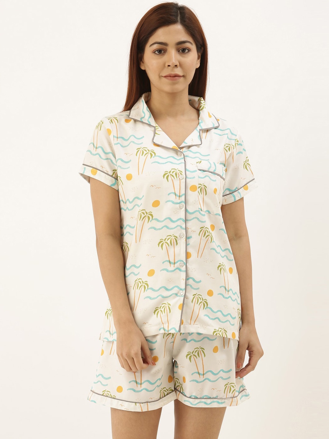 

Bannos Swagger Women White & Green Printed Night suit