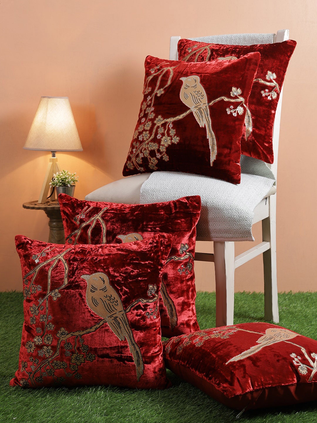 

ROMEE Maroon & Gold-Toned Set of 5 Ethnic Motifs Square Cushion Covers