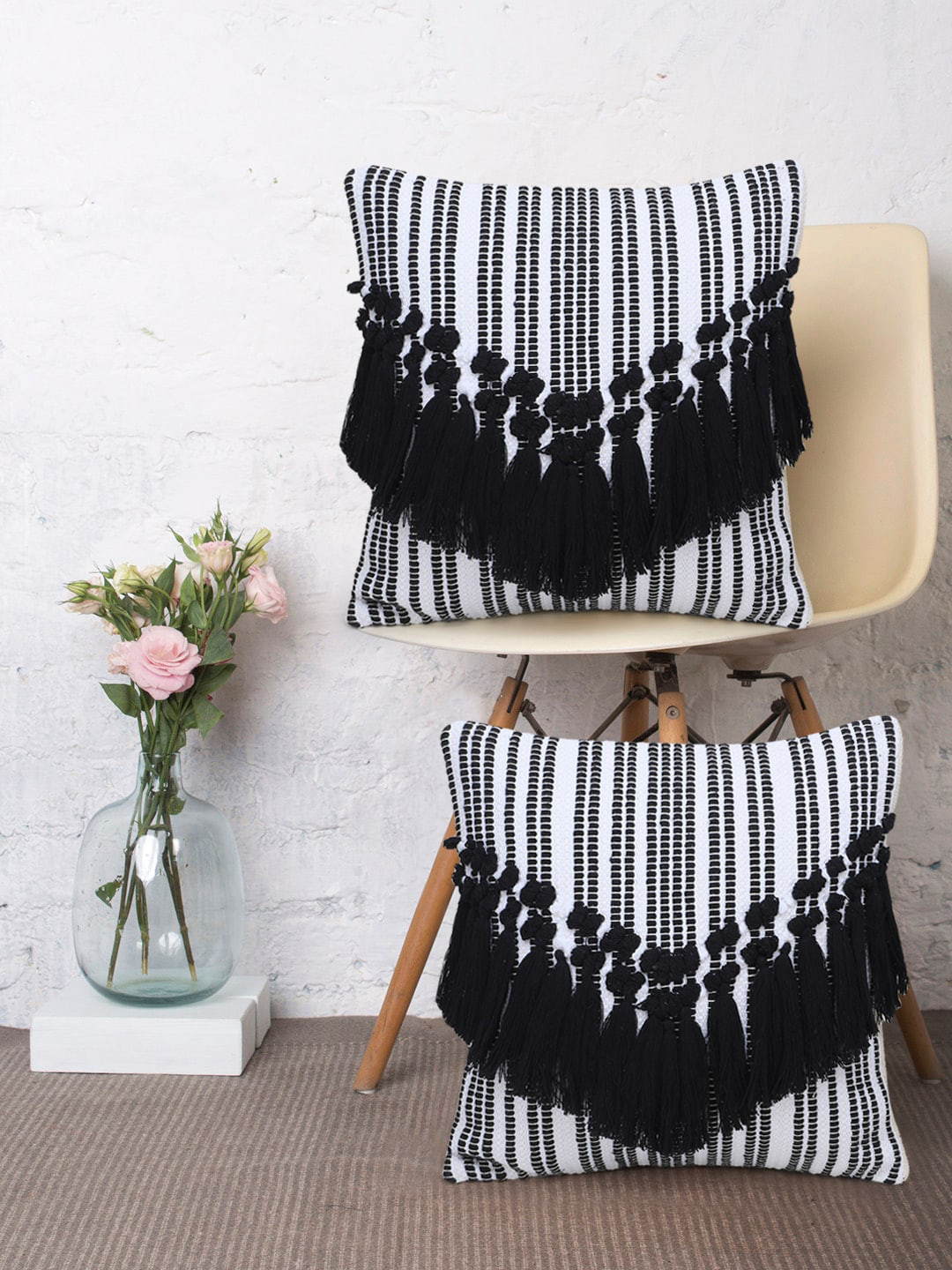 

Mezposh White & Black Set of 2 Striped Square Cushion Covers