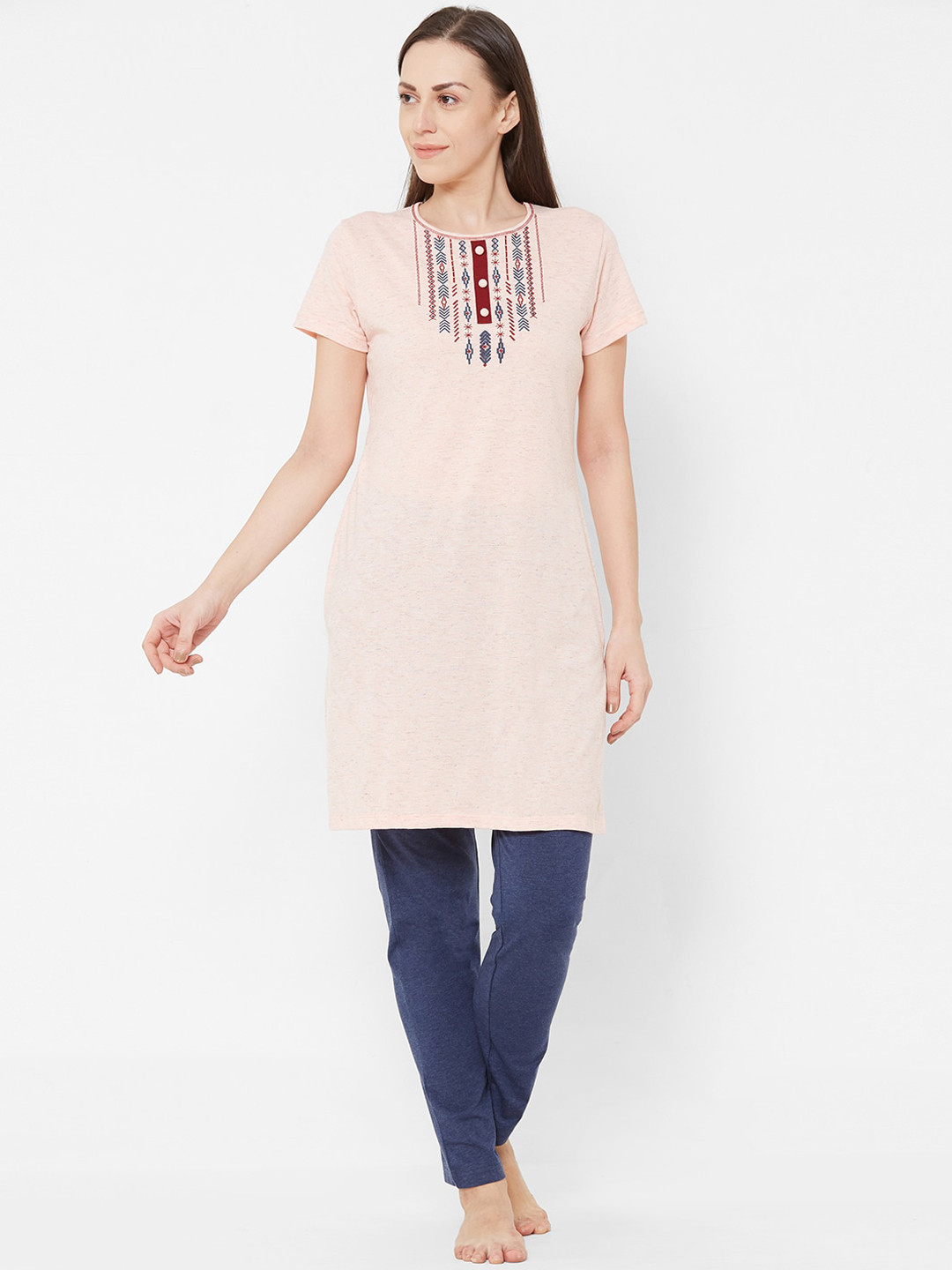 

Sweet Dreams Women Peach-Coloured & Blue Solid Night suit
