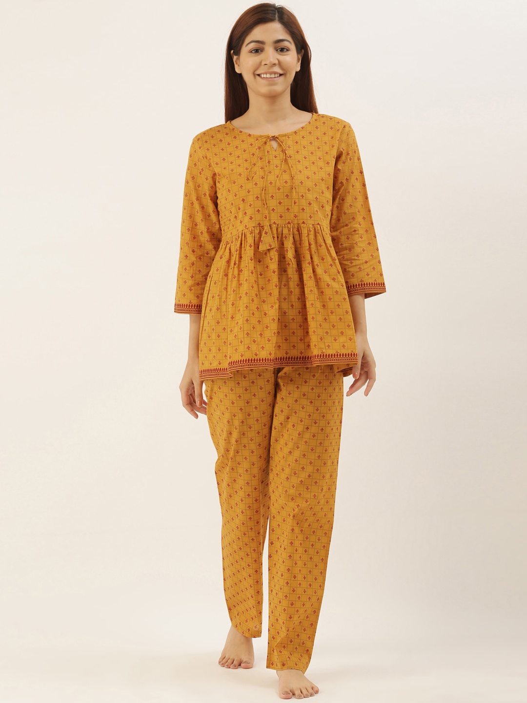 

Bannos Swagger Women Mustard & Maroon Printed Night suit