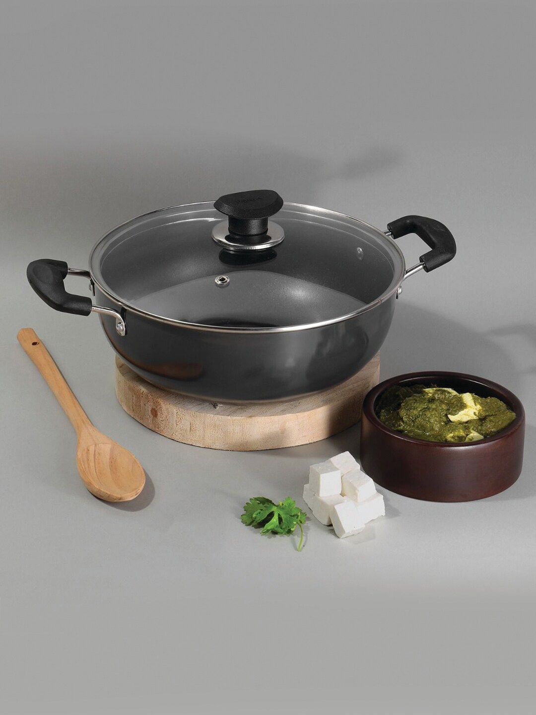 

Vinod Black Hard Anodised Induction Base Kadhai with Glass Lid