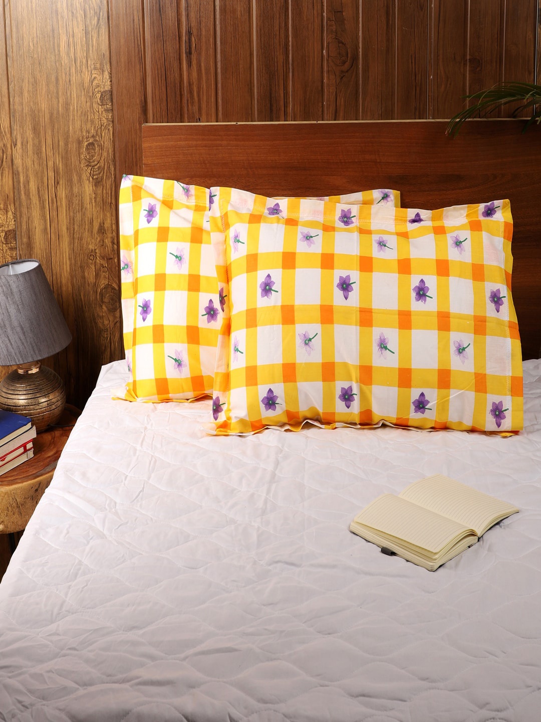 

MFD HOME FURNISHING Set Of 2 Yellow & White Checked Sleep Pillows
