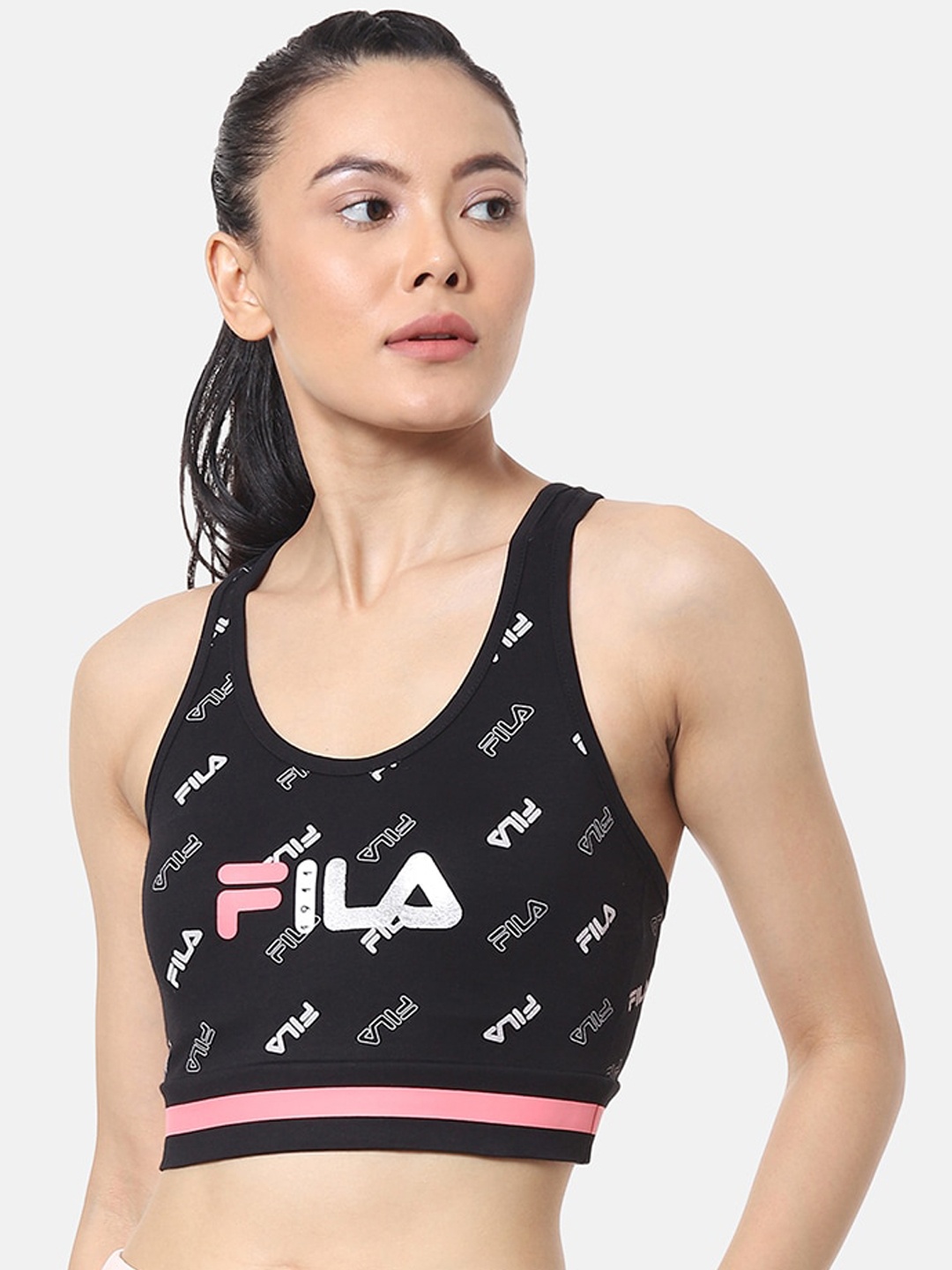 

FILA Black & Off-White Printed Non-Wired Non Padded Workout Bra 12009498