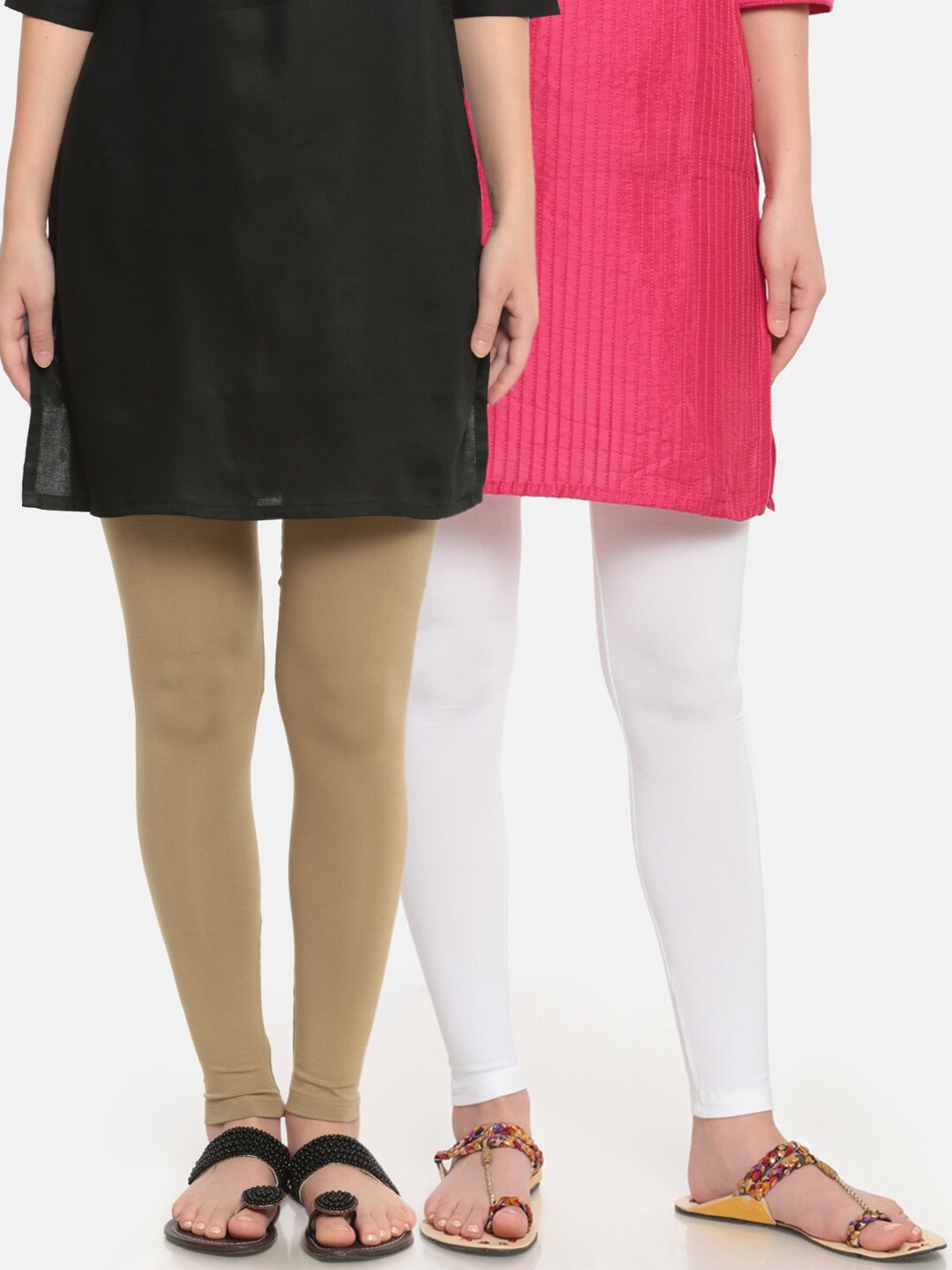 

De Moza Women Pack Of 2 Beige & White Solid Ankle-Length Leggings