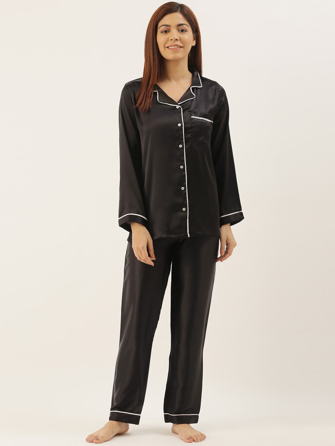 

Bannos Swagger Women Black & White Solid Night Suit