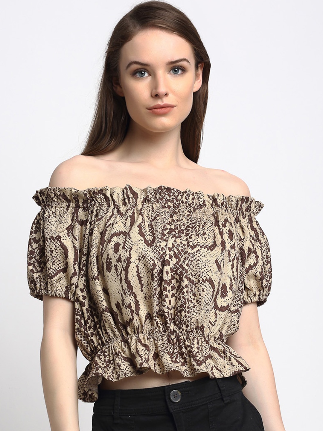 

Just Wow Brown & Beige Animal Printed Off-Shoulder Bardot Crop Top