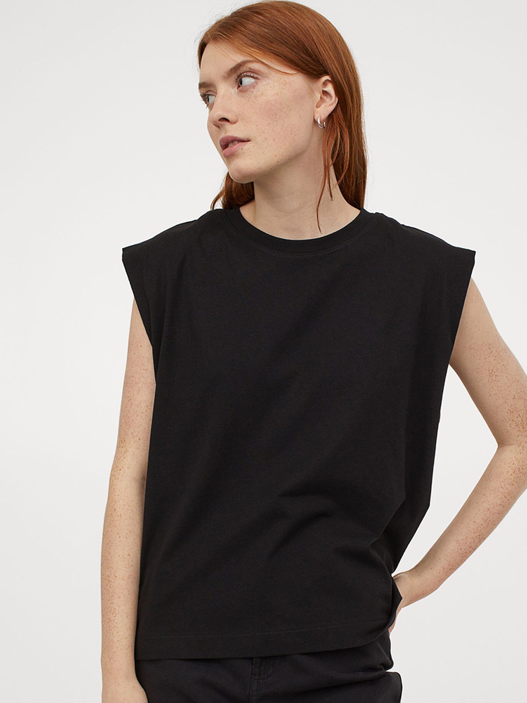 

HM Women Black Solid Sleeveless Pure Cotton T-shirt