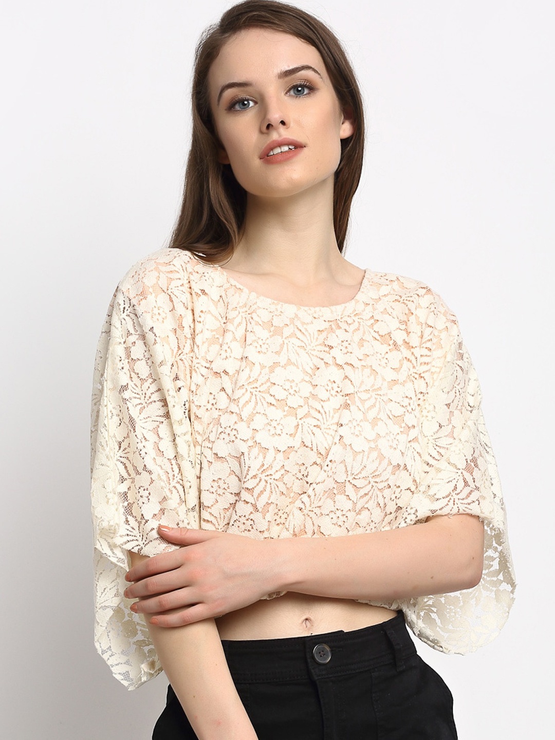 

Just Wow Cream-Coloured Kimono Sleeves Lace Boxy Crop Top