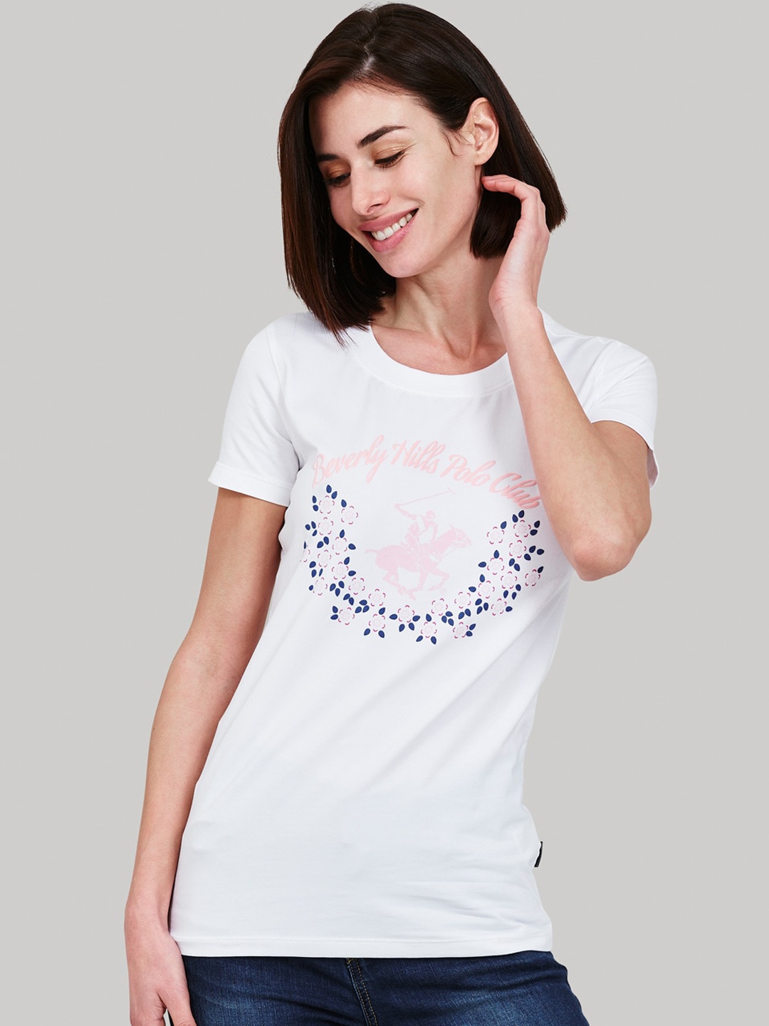 Beverly Hills Polo Club Women White Printed Round Neck T-shirt