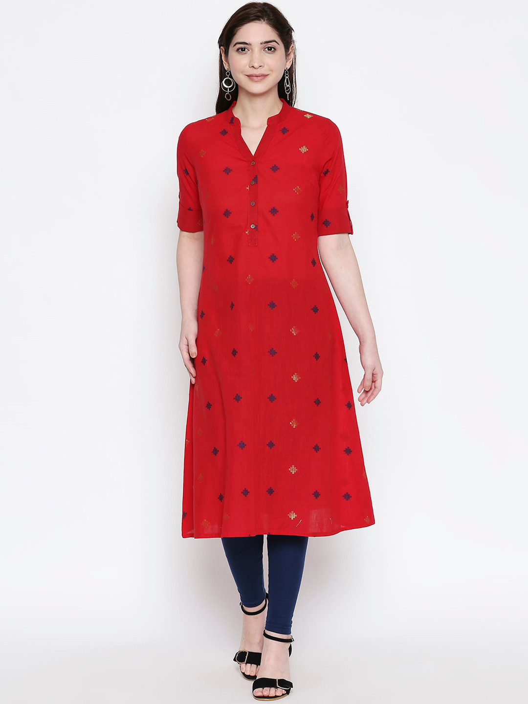 

RANGMANCH BY PANTALOONS Women Red Geometric Embroidered Thread Work Kurta