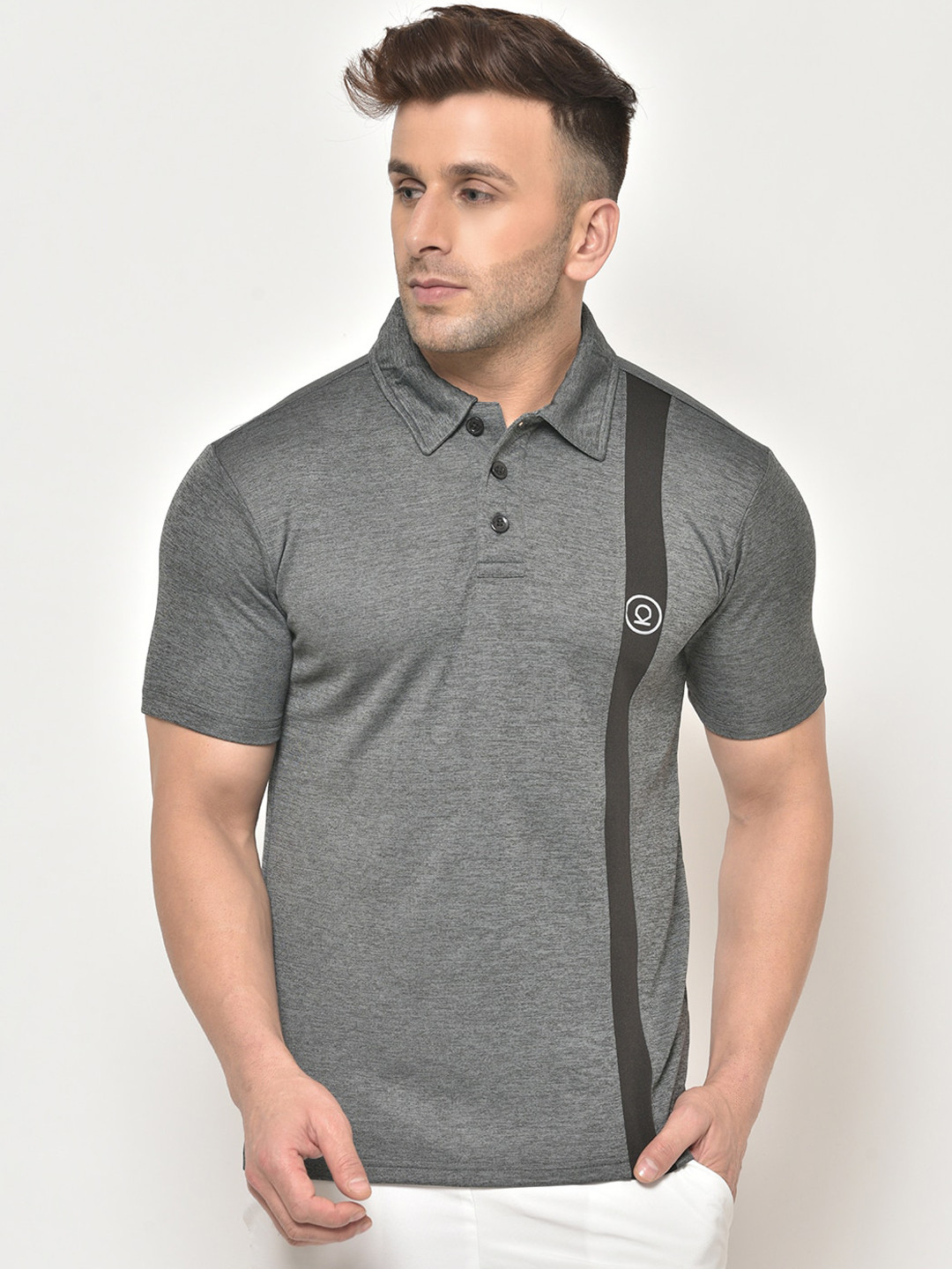 

CHKOKKO Men Grey Striped Dry Fit Polo Collar T-shirt