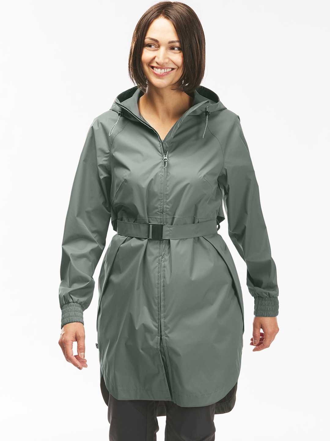 

Quechua By Decathlon Women Green Knee Length Waterproof Rain Jacket, Olive