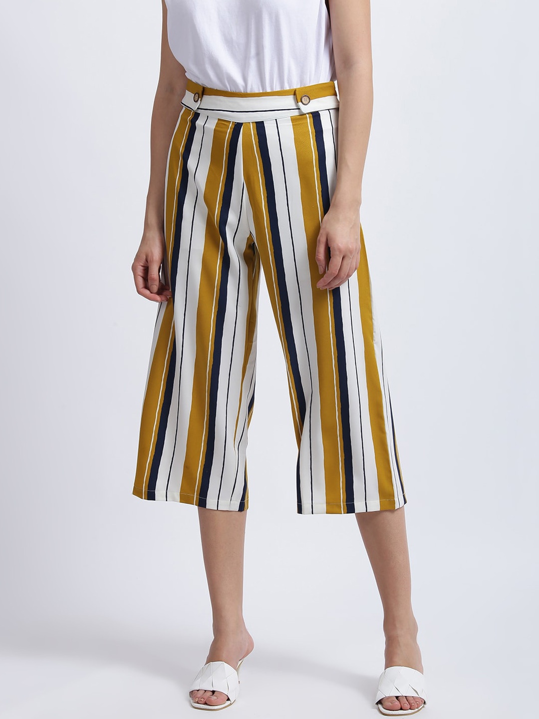 

Zink London Women Mustard Yellow & White Striped Cropped Palazzos