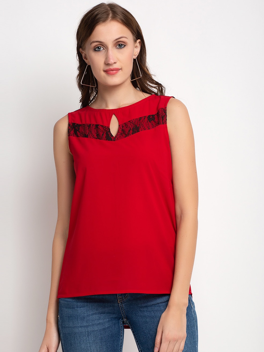 

Aujjessa Red Keyhole Neck Crepe Regular Top