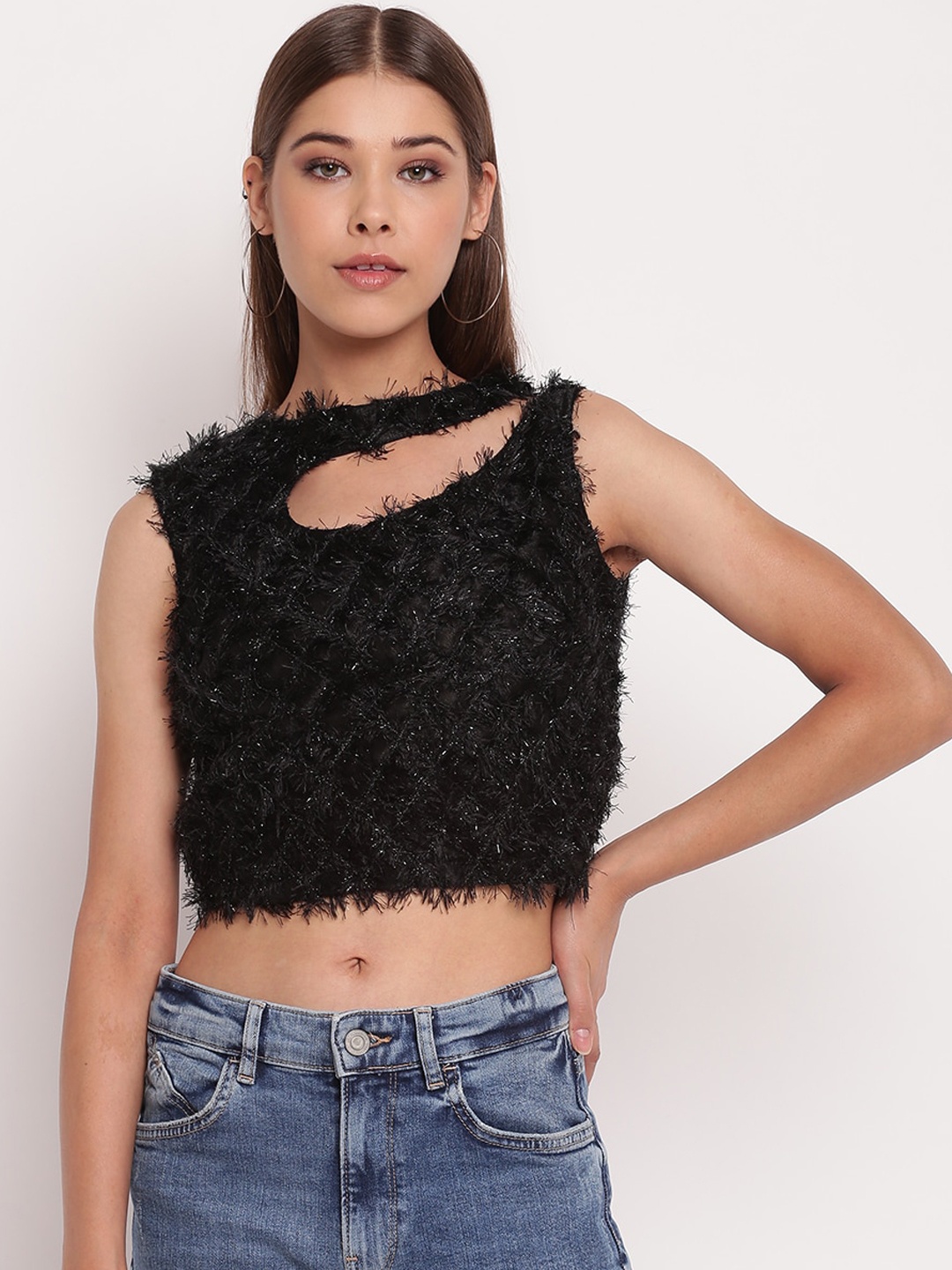 

AKIMIA Black Choker Neck Regular Crop Top