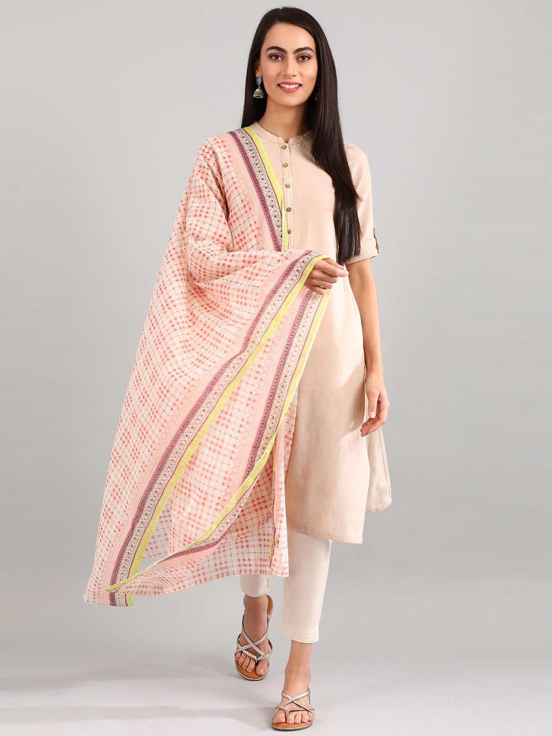 

AURELIA Women Peach-Coloured & Pink Checked Dupatta