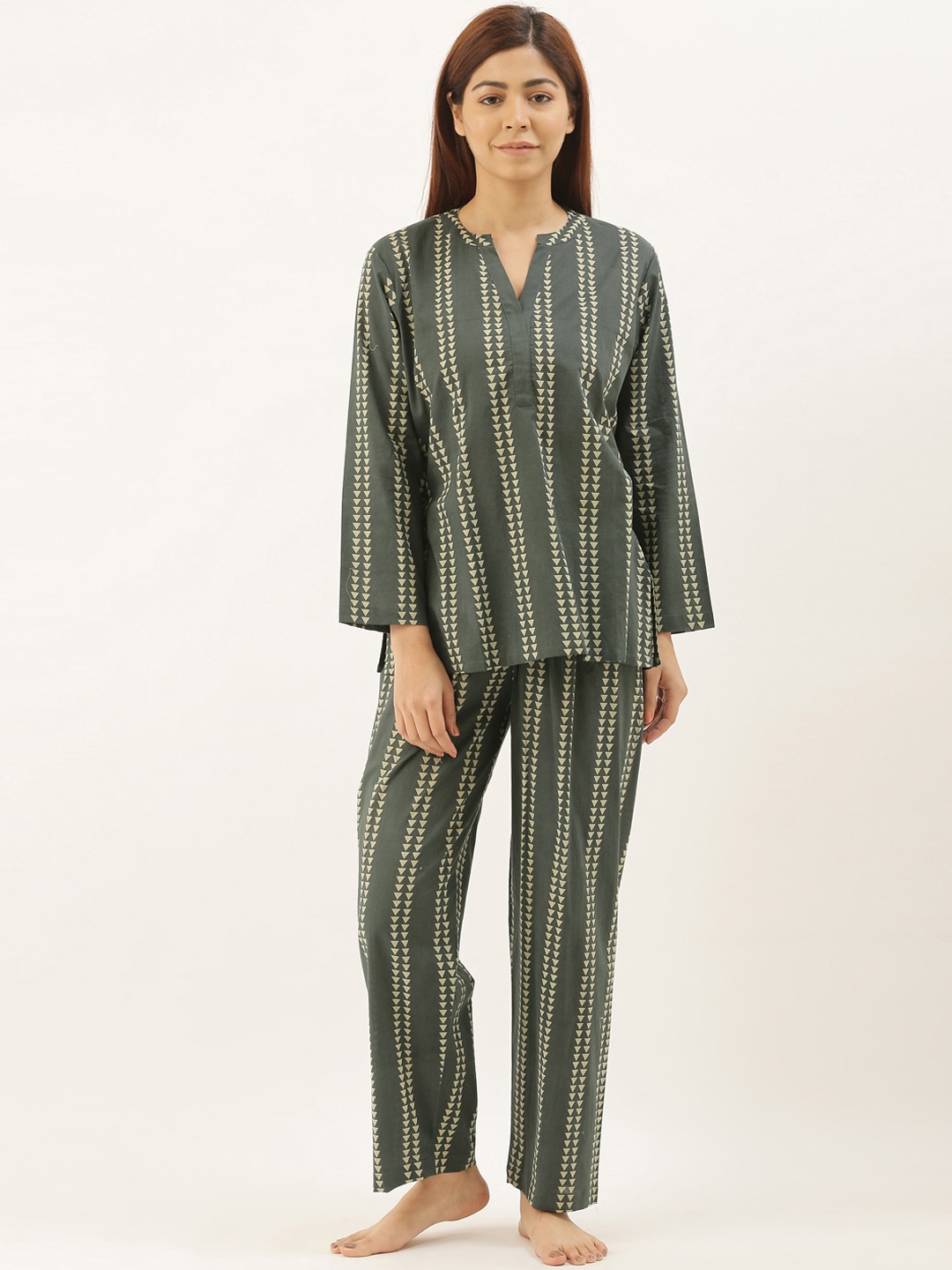 

Bannos Swagger Women Olive Green & Cream-Coloured Printed Night suit