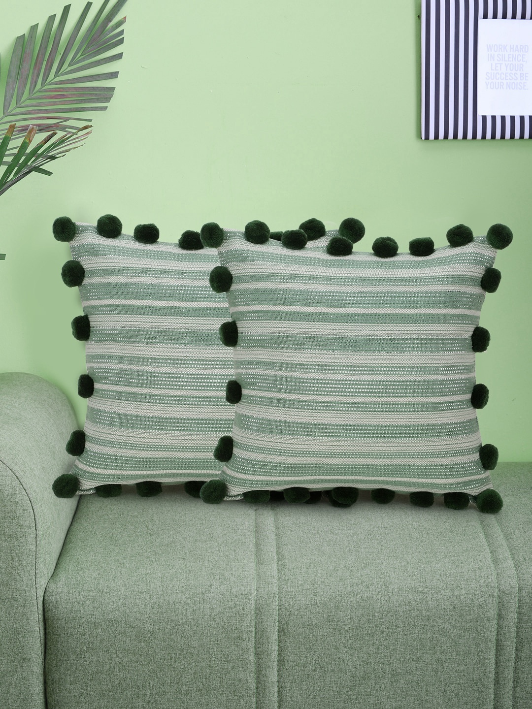 

Mezposh Green & Silver-Toned Set of 2 Striped Square Cushion Covers