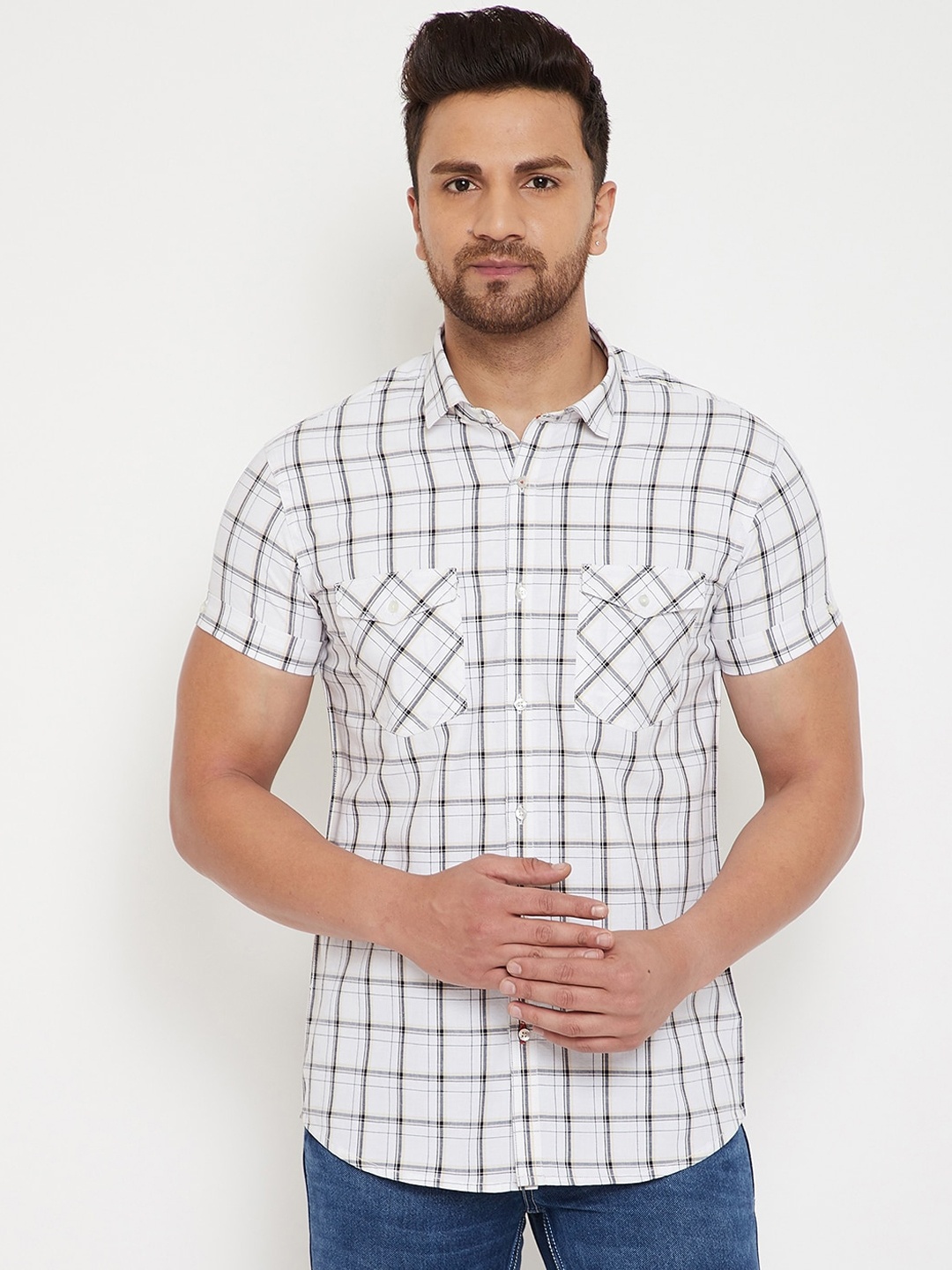 

Canary London Men White & Navy Blue Slim Fit Checked Casual Shirt