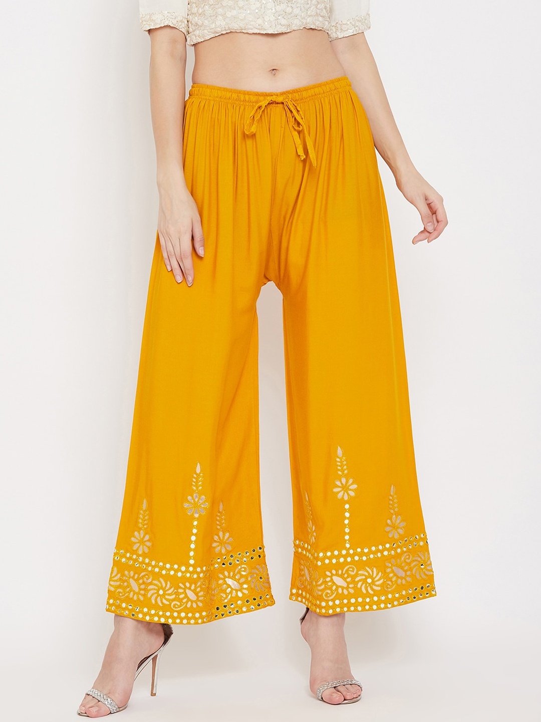 

Clora Creation Women Mustard Yellow & White Hem Design Wide Leg Palazzos