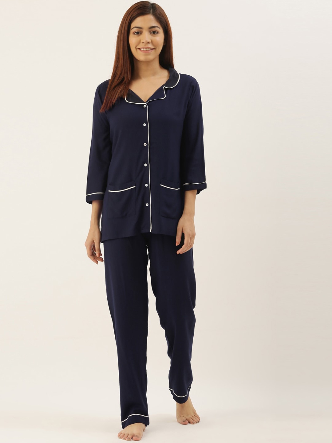 

Bannos Swagger Women Navy Blue & White Solid Night Suit