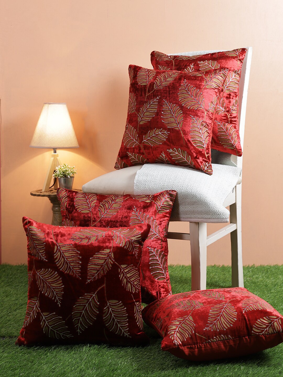 

ROMEE Maroon & Gold-Toned Set of 5 Ethnic Motifs Square Cushion Covers