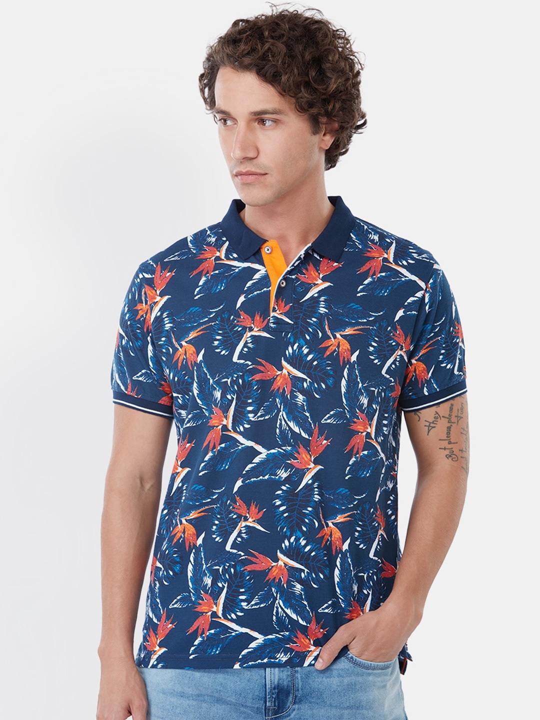 

Pepe Jeans Men Blue Printed Polo Collar T-shirt