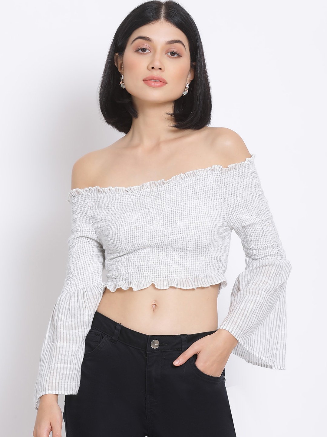 

Oxolloxo Off White Off-Shoulder Bell Sleeves Bardot Crop Top