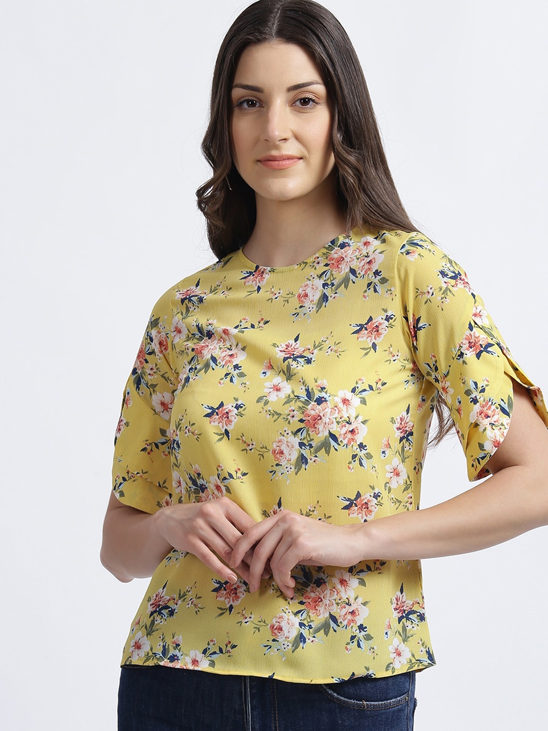 

Zink London Yellow & Pink Floral Printed Bell Sleeves Top