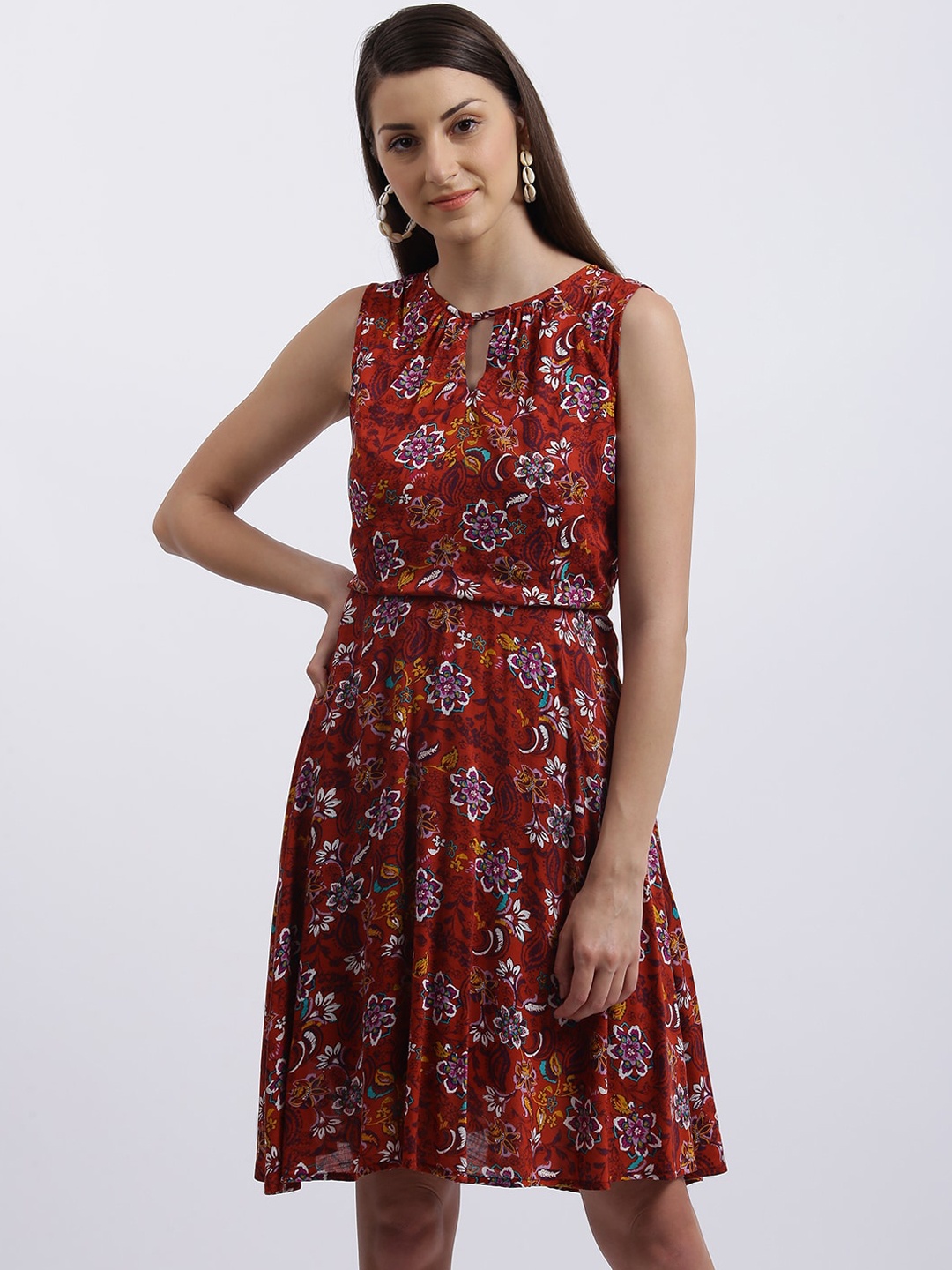

Zink London Women Rust Printed Fit and Flare Dress