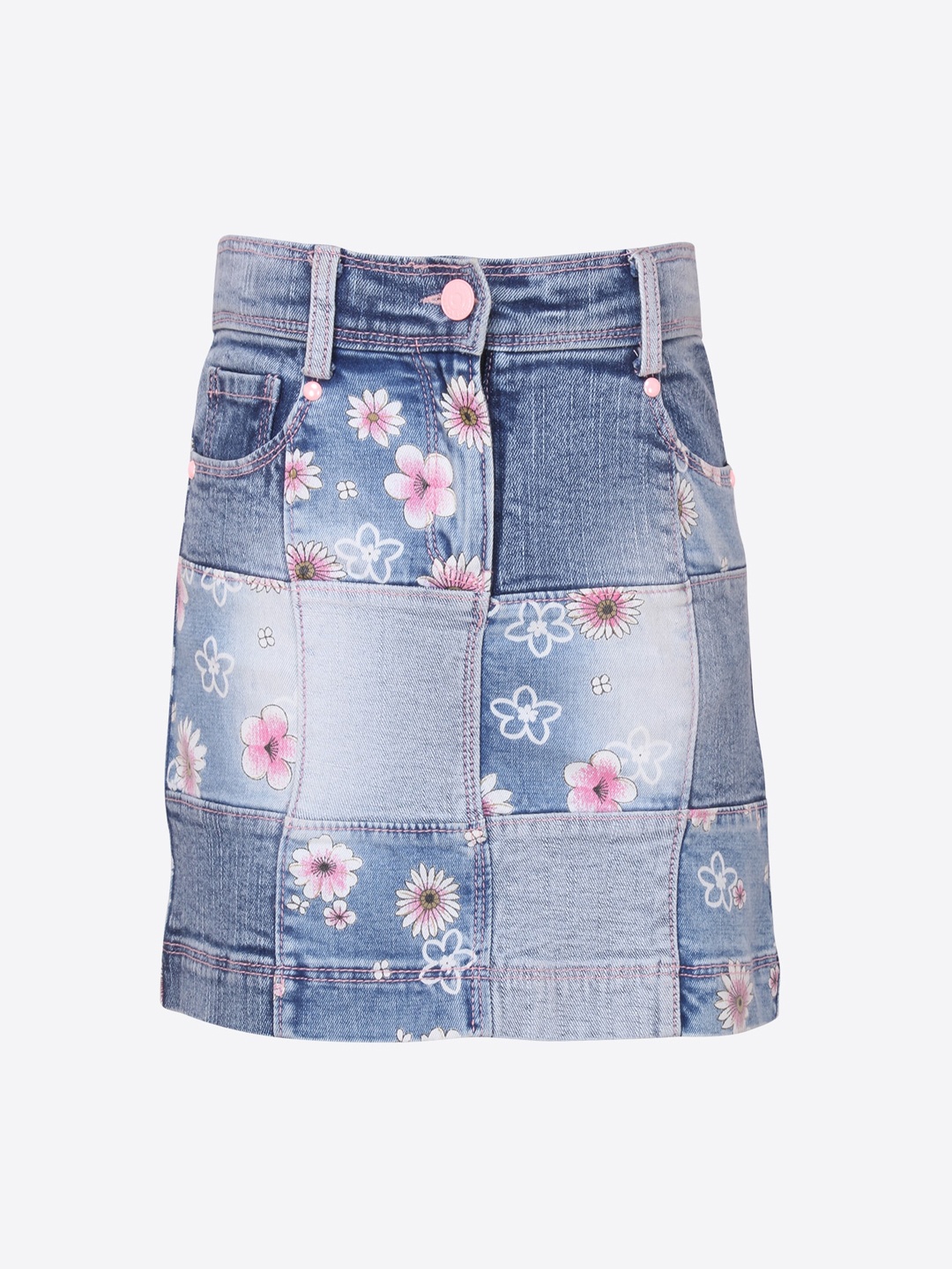 

CUTECUMBER Girls Blue Floral Printed Knee-Length Straight Denim Skirt