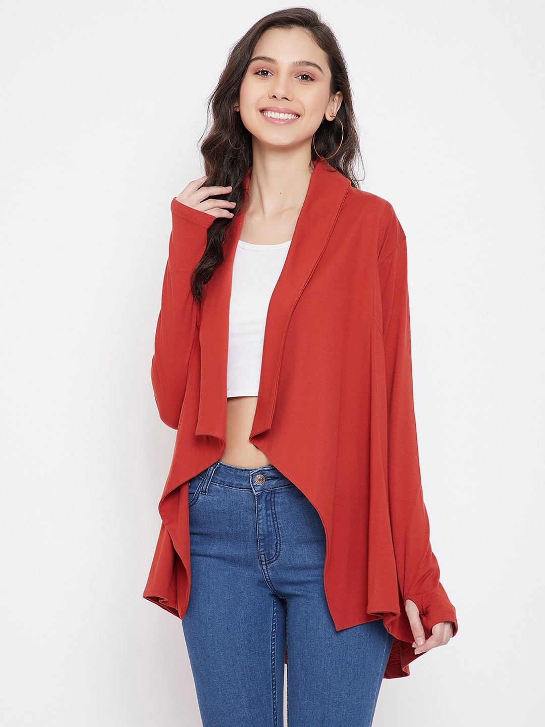 

Hypernation Women Rust Red Solid Cotton Open Front Shrug