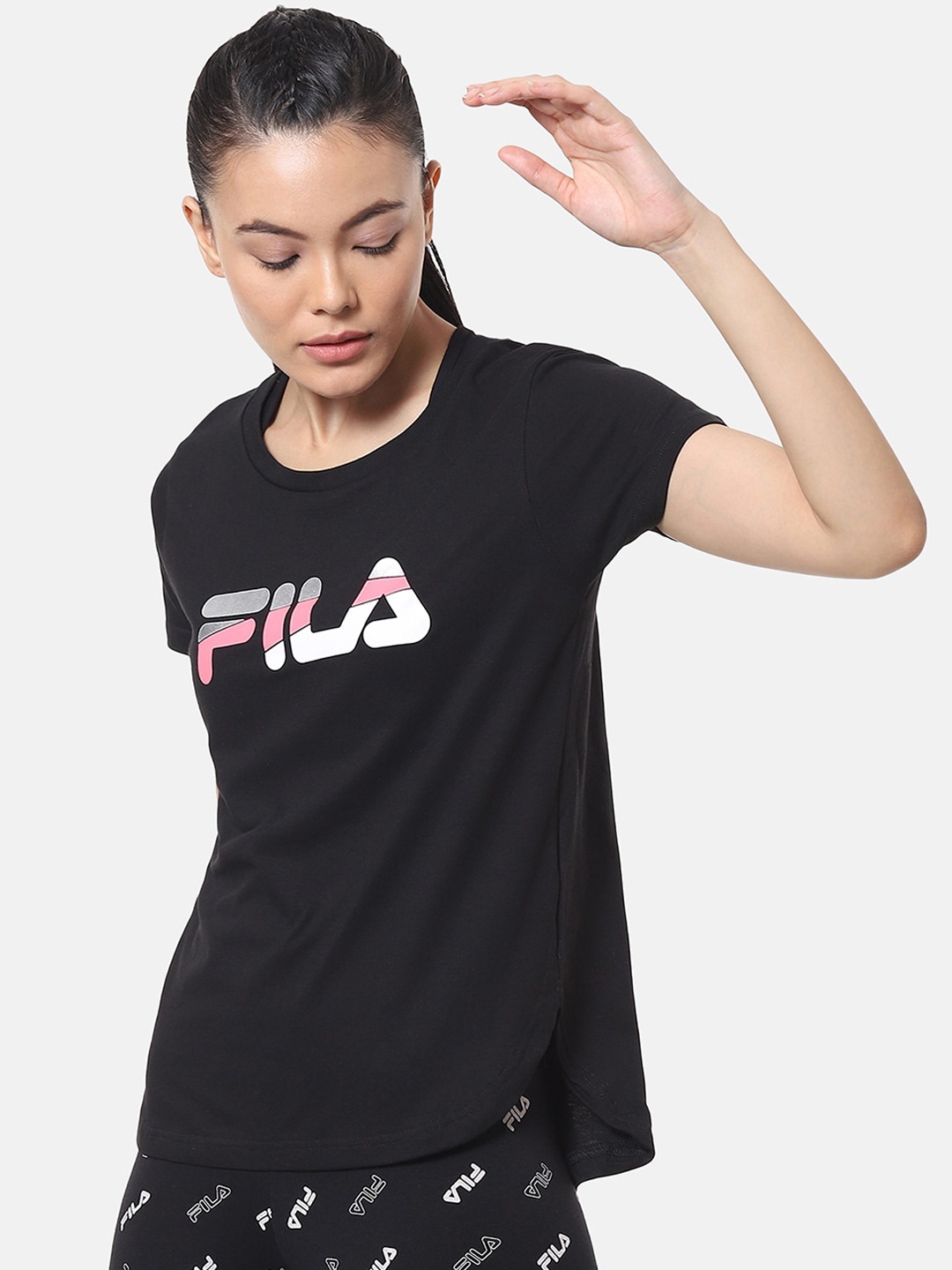 

FILA Women Black Solid Round Neck T-shirt