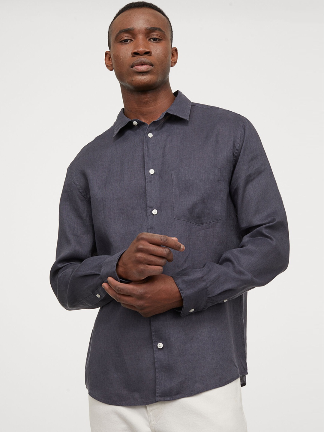

H&M Men Blue Solid Regular Fit Linen Shirt