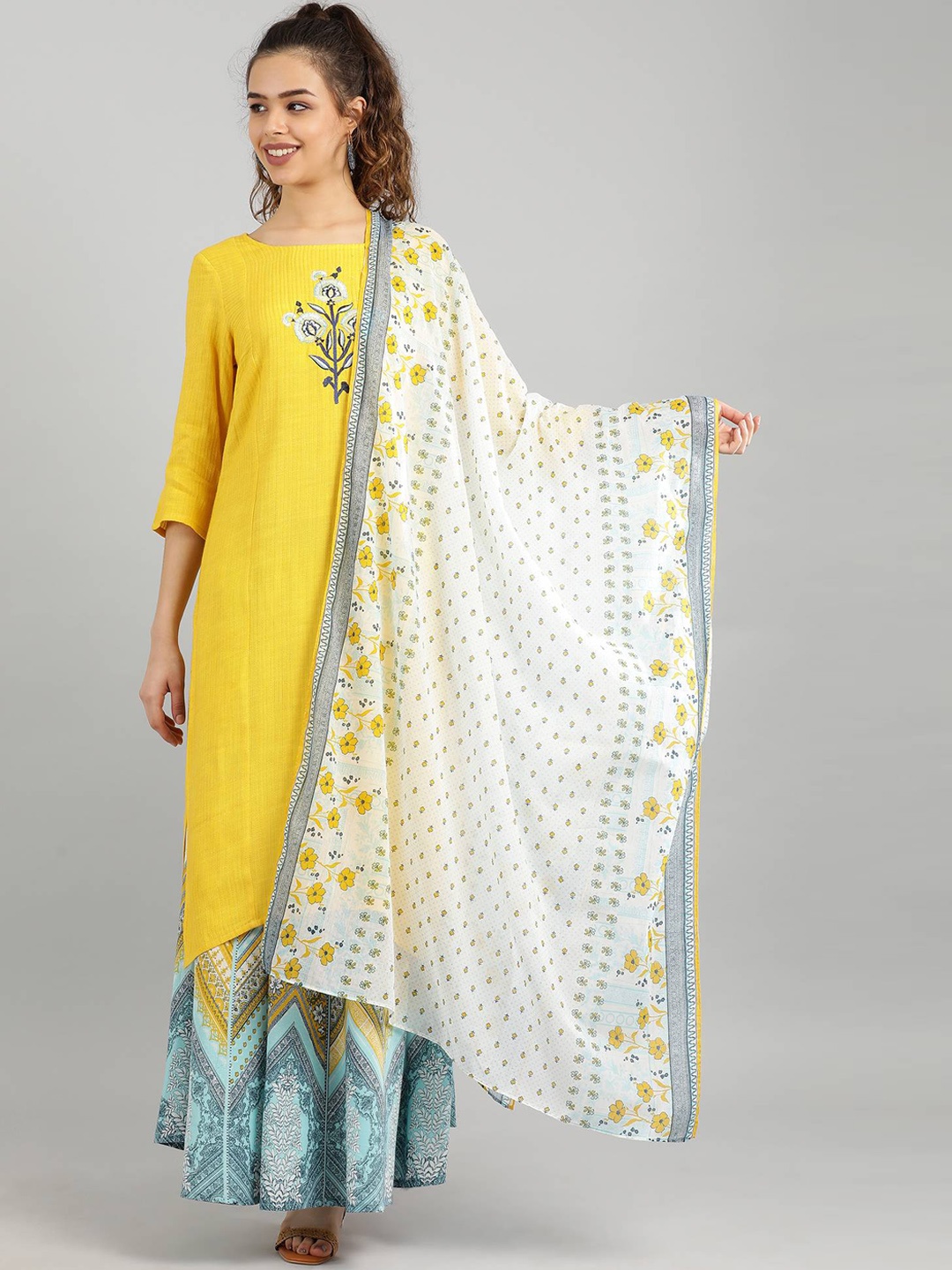 

AURELIA Cream-Coloured & Yellow Printed Dupatta