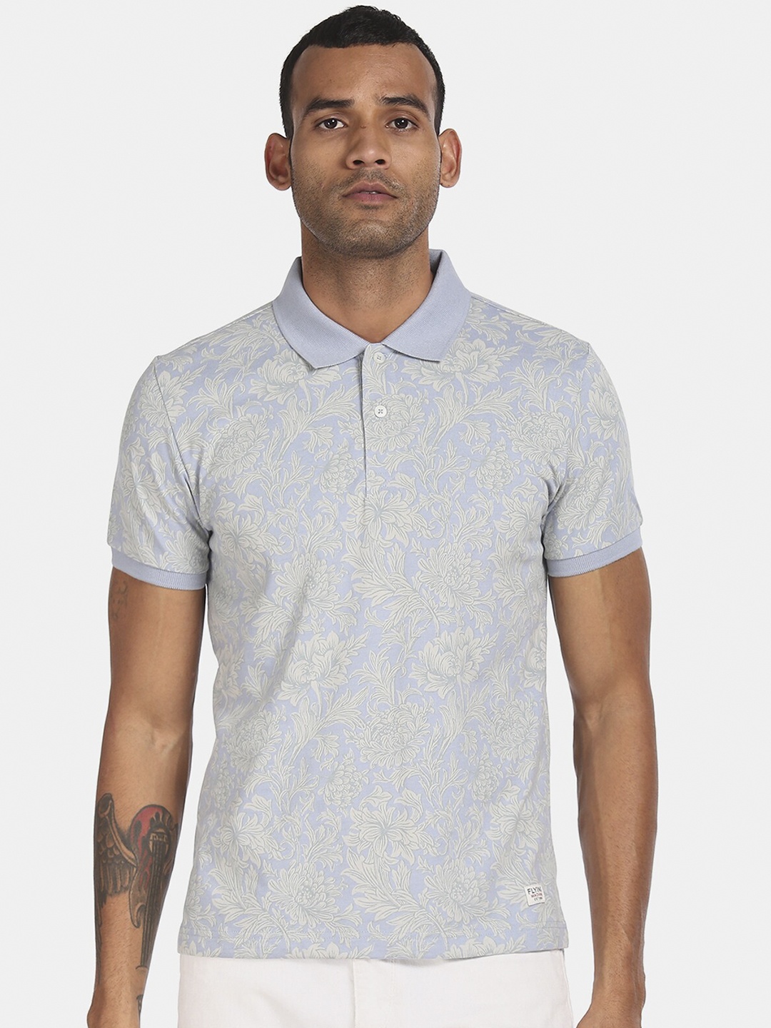 

Flying Machine Men Blue Printed Polo Collar T-shirt
