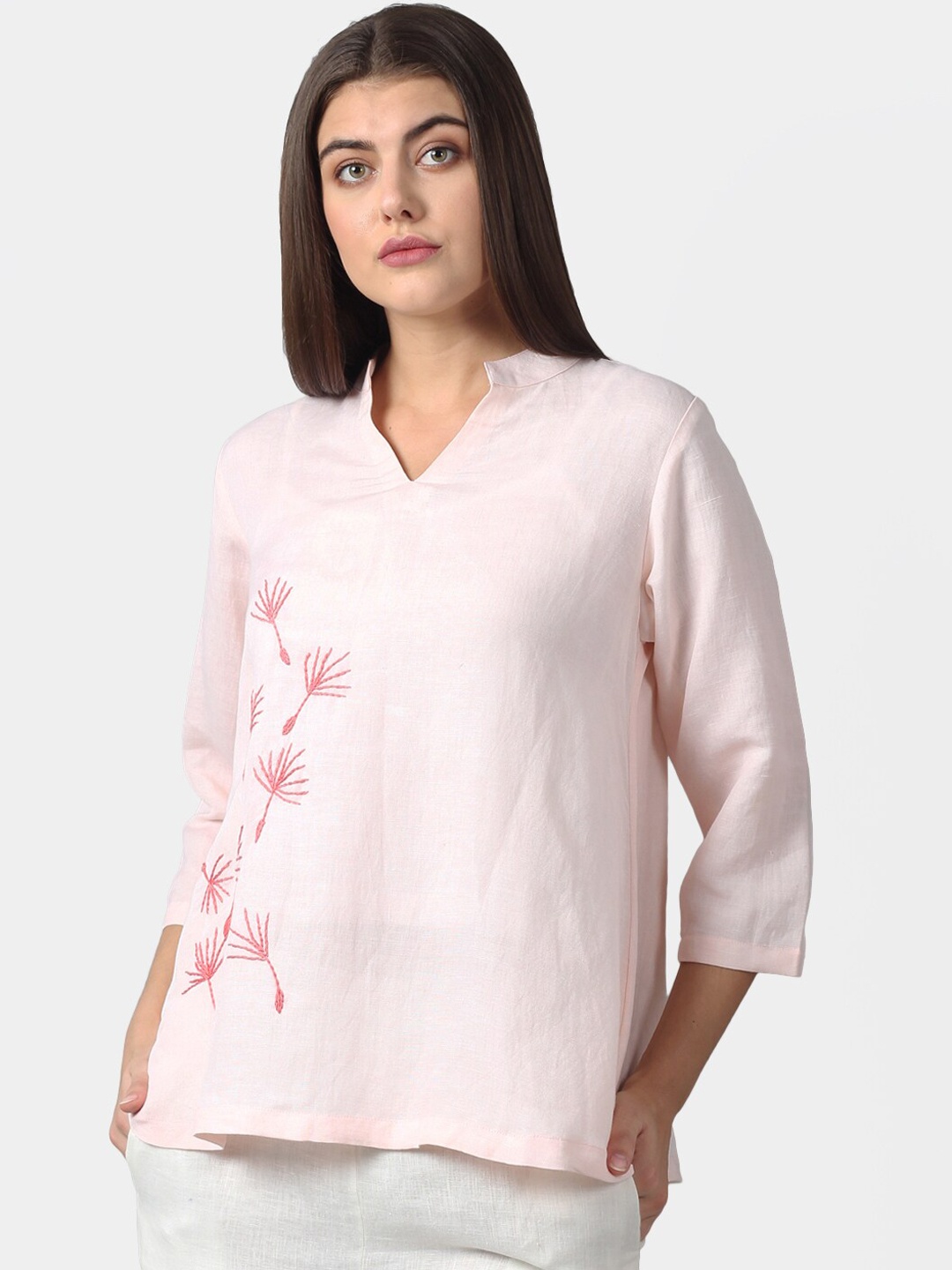 

DART STUDIO Pink Floral Embroidered Mandarin Collar Linen Regular Top