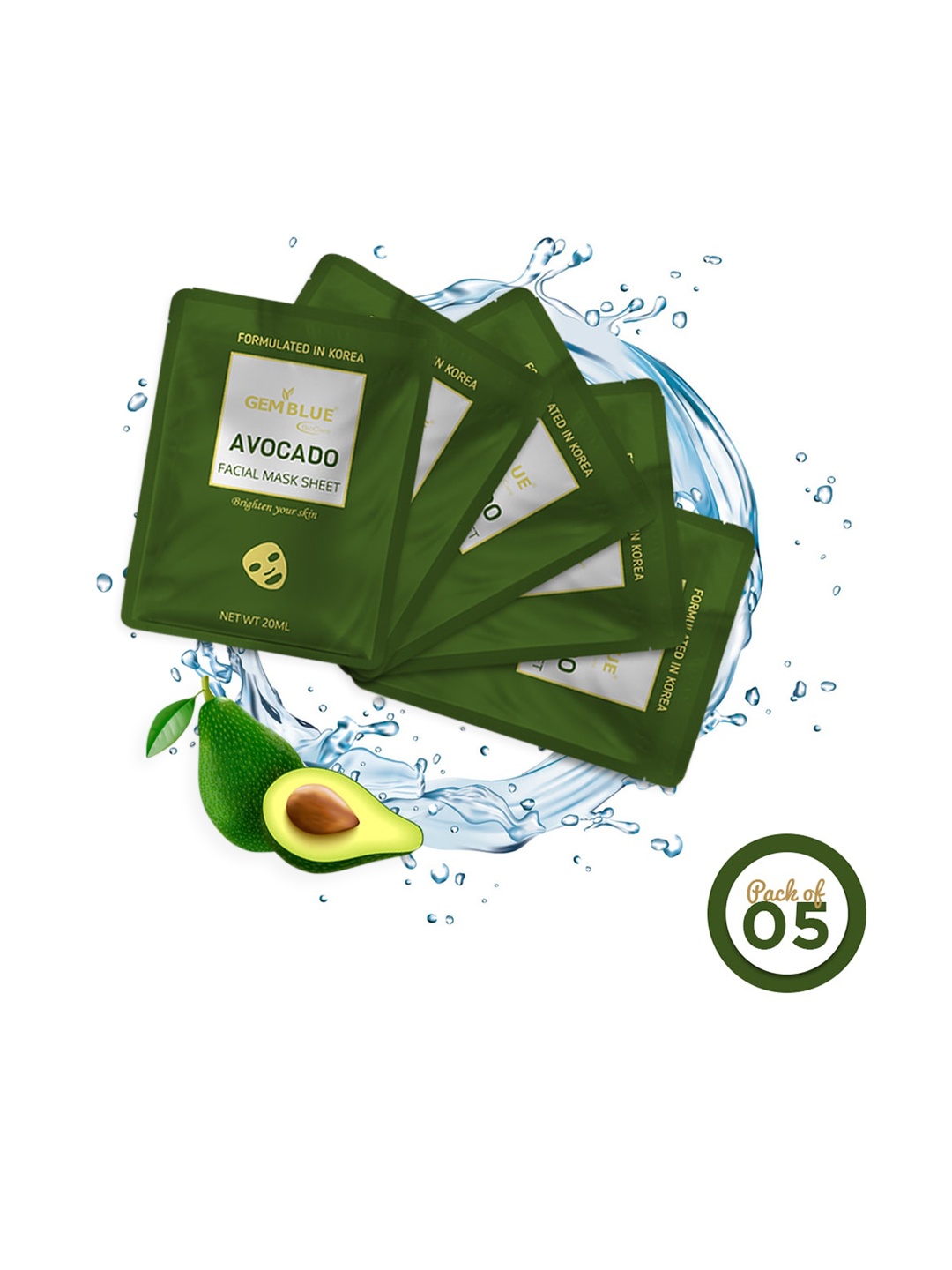 

GEMBLUE BioCare Unisex Pack Of 5 Avocado Facial Mask Sheet 100 ml, Green