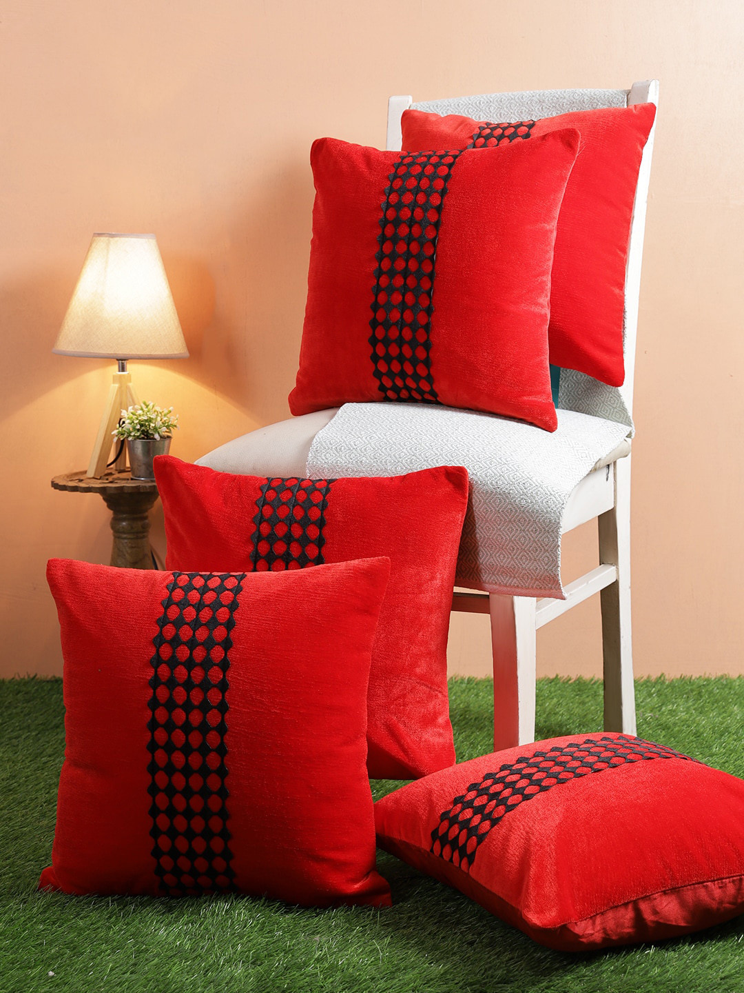 

ROMEE Red & Black Set of 5 Geometric Square Cushion Covers