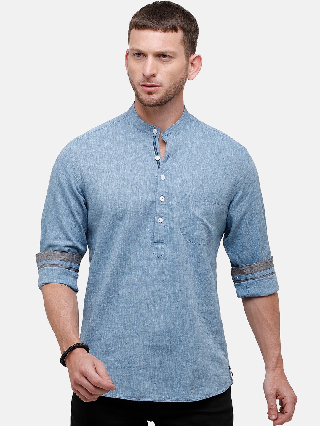 

CAVALLO by Linen Club Men Blue Solid Linen Cotton Kurta
