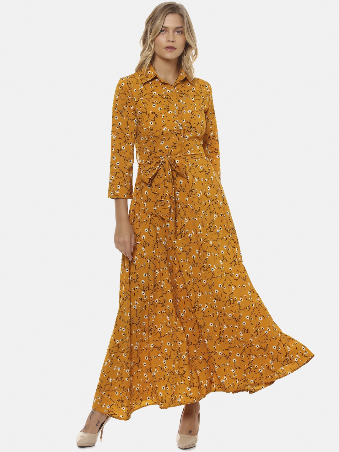 

Campus Sutra Women Mustard Yellow Floral Printed Maxi Dress