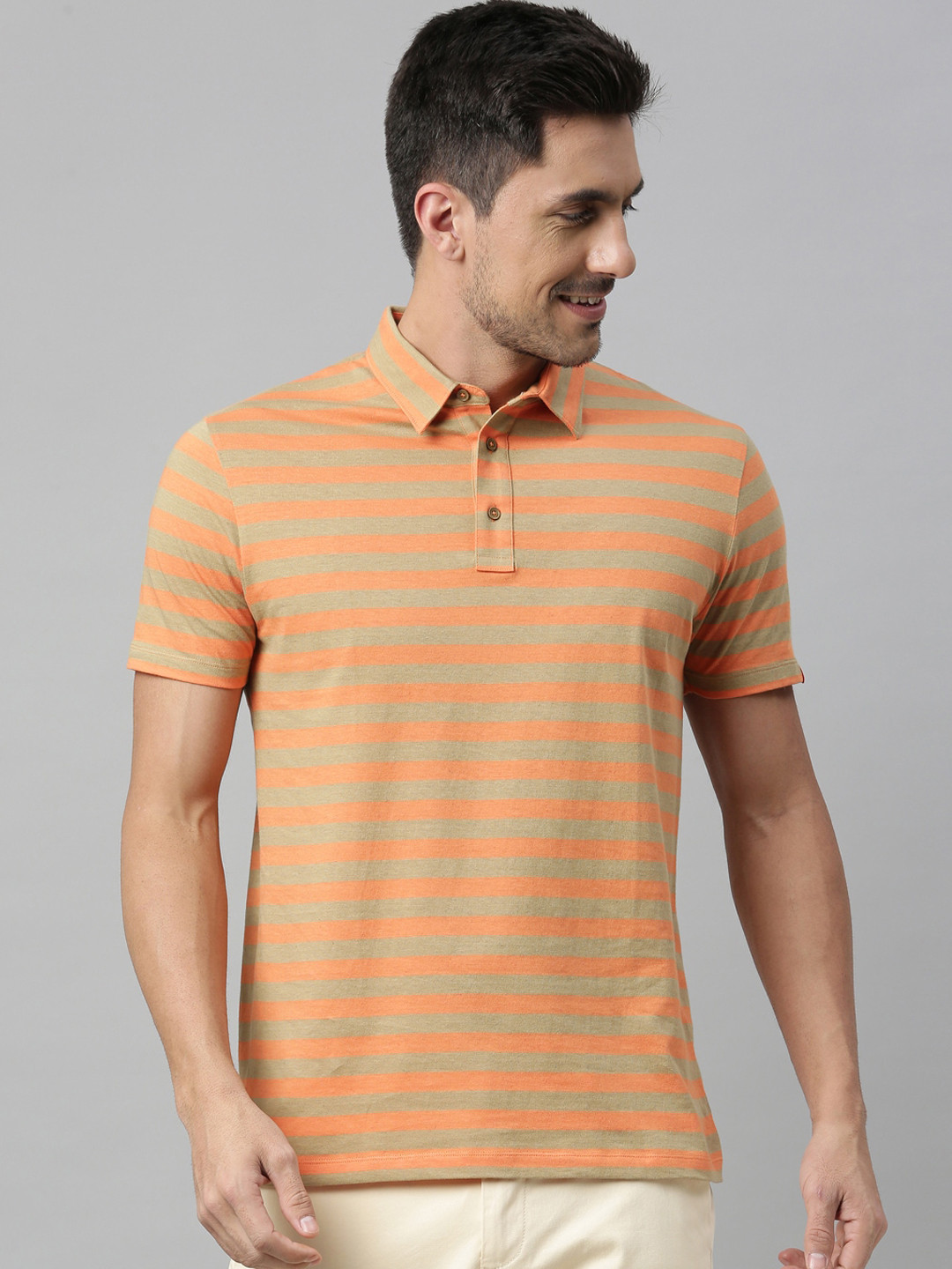 

RARE RABBIT Men Orange Striped Polo Collar T-shirt