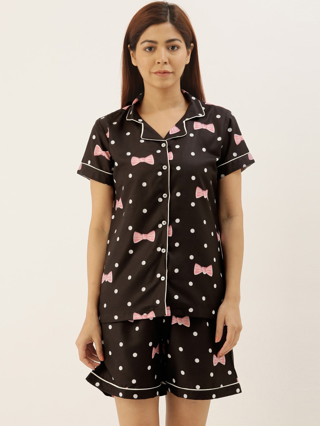 

Bannos Swagger Women Black & Pink Bow Printed Night Suit
