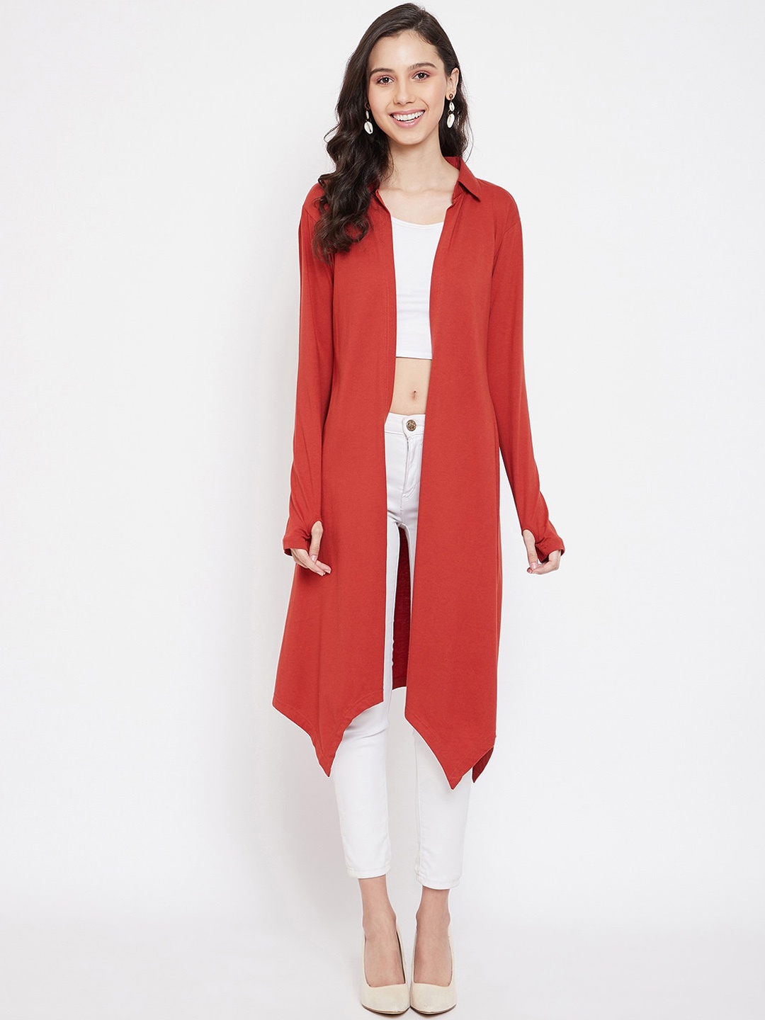 

Hypernation Women Red Solid Open Front Knitted Shrug